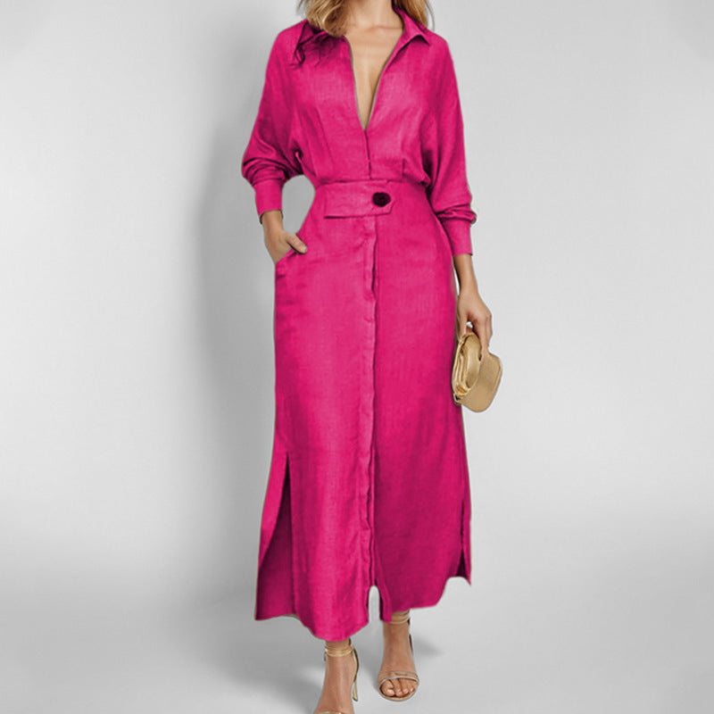 Women’s Linen Maxi Dress with Shirt Collar, Waist Belt and Side Slits Mune Fashion