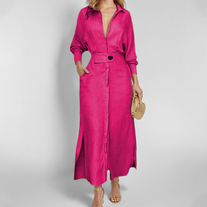 Women’s Linen Maxi Dress with Shirt Collar, Waist Belt and Side Slits Mune Fashion