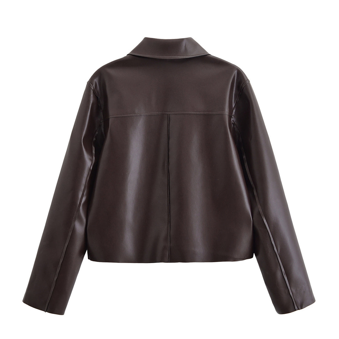 Women Short Boxy Leather-Look Jacket with Flap Pockets and Shirt Collar Mune Fashion