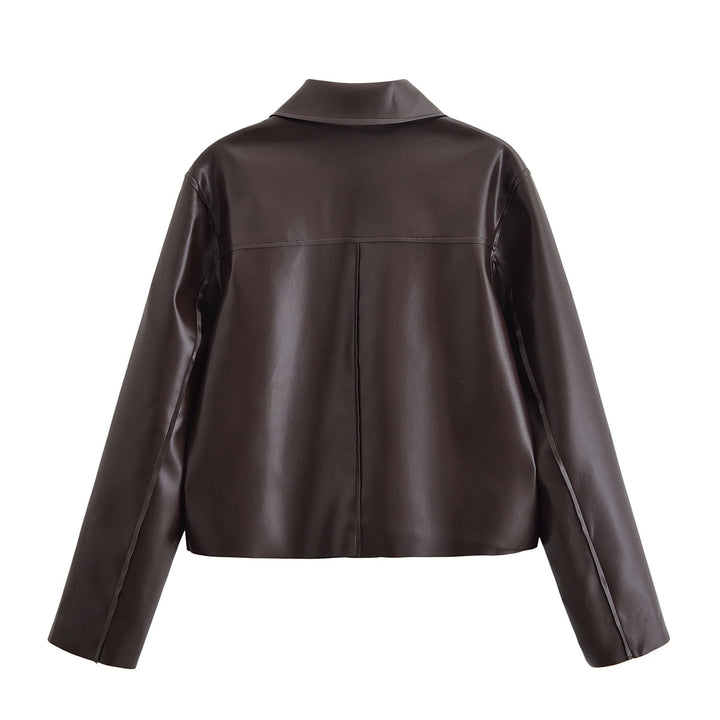 Women Short Boxy Leather-Look Jacket with Flap Pockets and Shirt Collar Mune Fashion