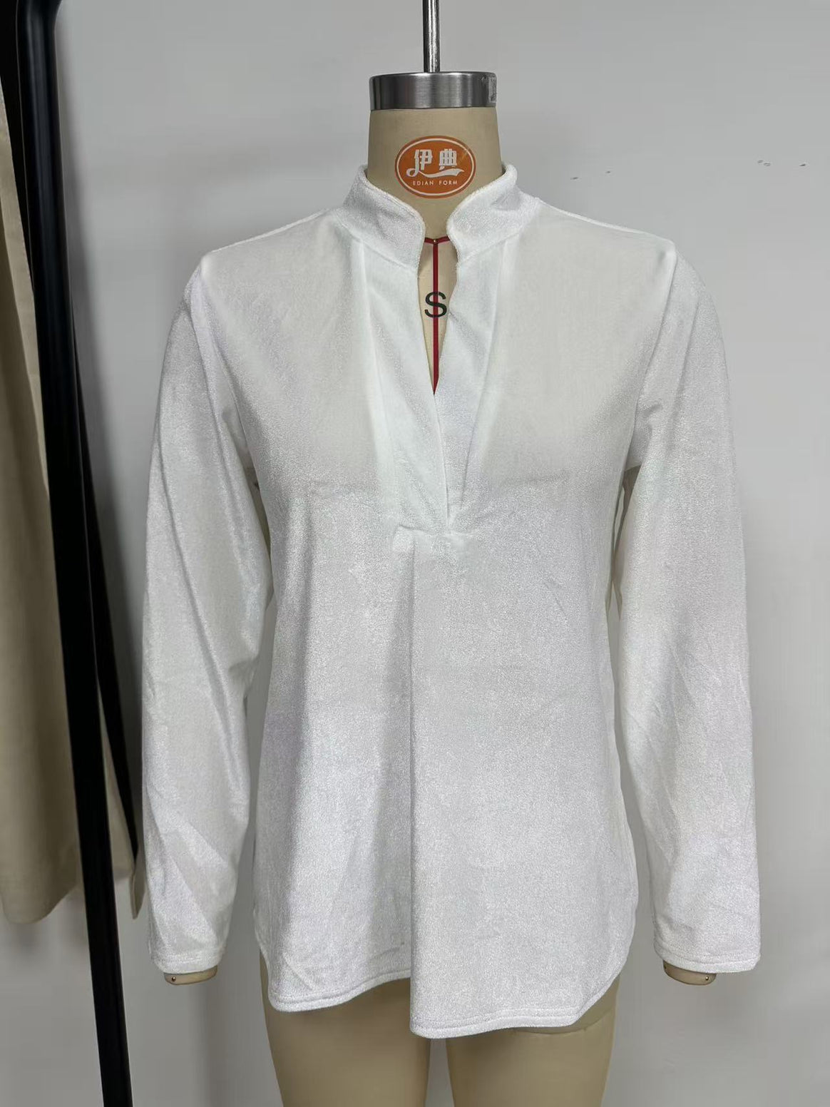 Women's velvet blouse with stand-up collar, deep V-neck and loose long sleeve cut Mune Fashion