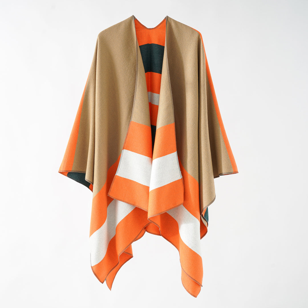 Women’s Oversize Ruana in Cape Style made of Wool Look with Geometric Block Stripes Mune Fashion