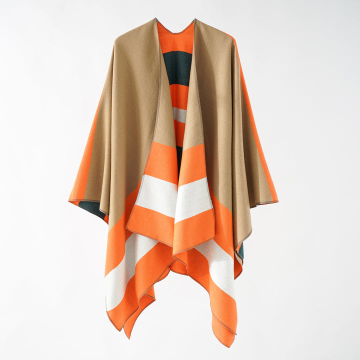 Women’s Oversize Ruana in Cape Style made of Wool Look with Geometric Block Stripes Mune Fashion