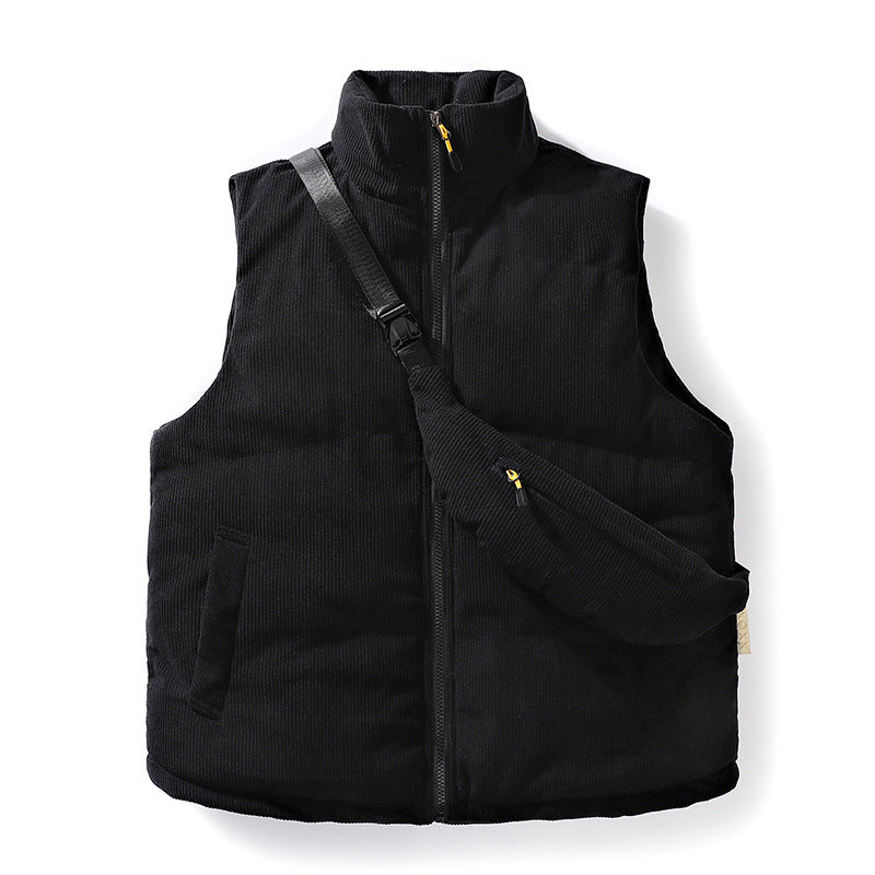 Men's Padded Fine Cord Quilted Vest with High Stand-Up Collar and Integrated Crossbody Fanny Pack Mune Fashion