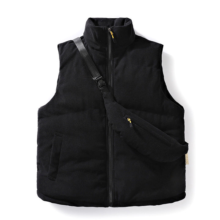 Men's Padded Fine Cord Quilted Vest with High Stand-Up Collar and Integrated Crossbody Fanny Pack Mune Fashion