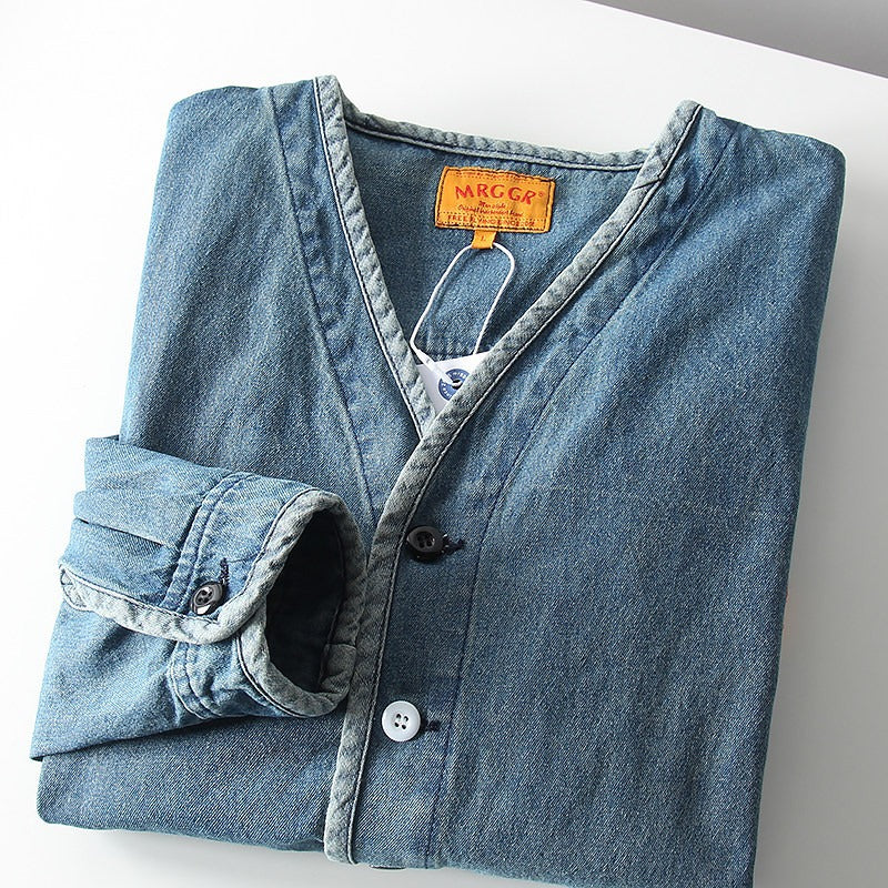 Men's Lightweight Denim Blazer in Overshirt Style with V-Neck and Patch Pockets Mune Fashion