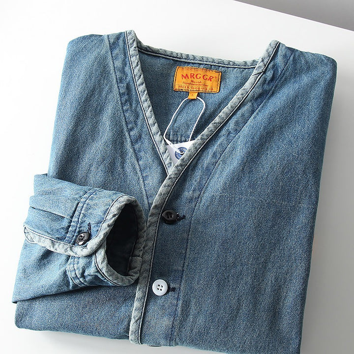 Men's Lightweight Denim Blazer in Overshirt Style with V-Neck and Patch Pockets Mune Fashion