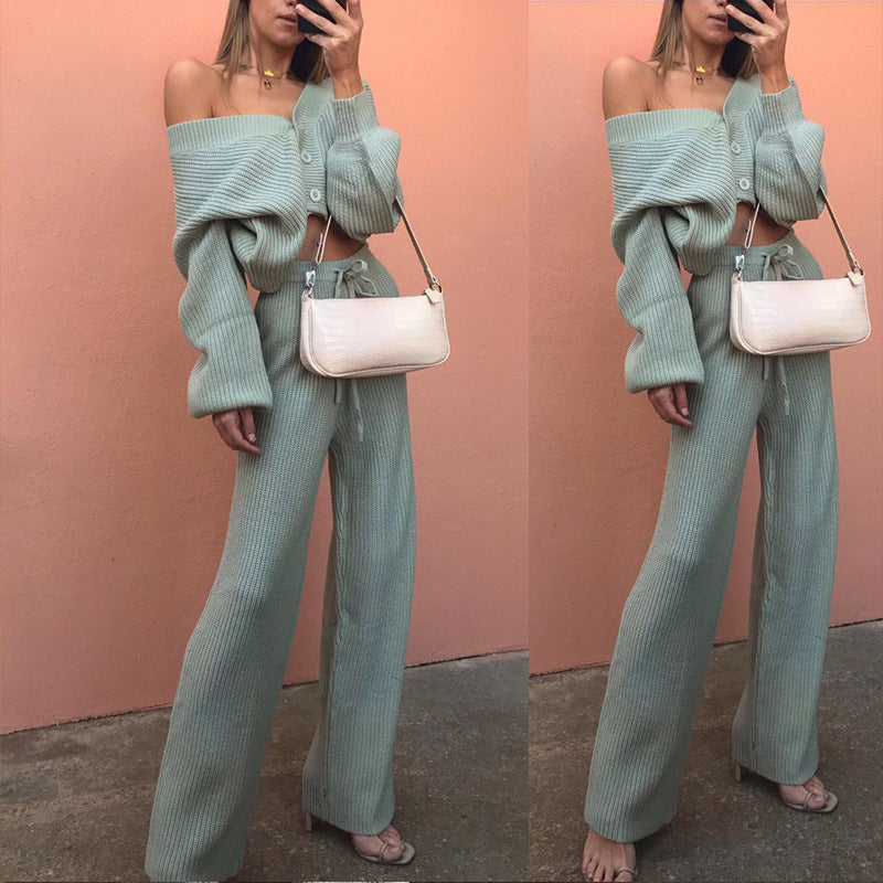 Women Ribbed Knit Loungewear Set with Buttoned Cropped Cardigan and High-Waist Drawstring Pants Mune Fashion