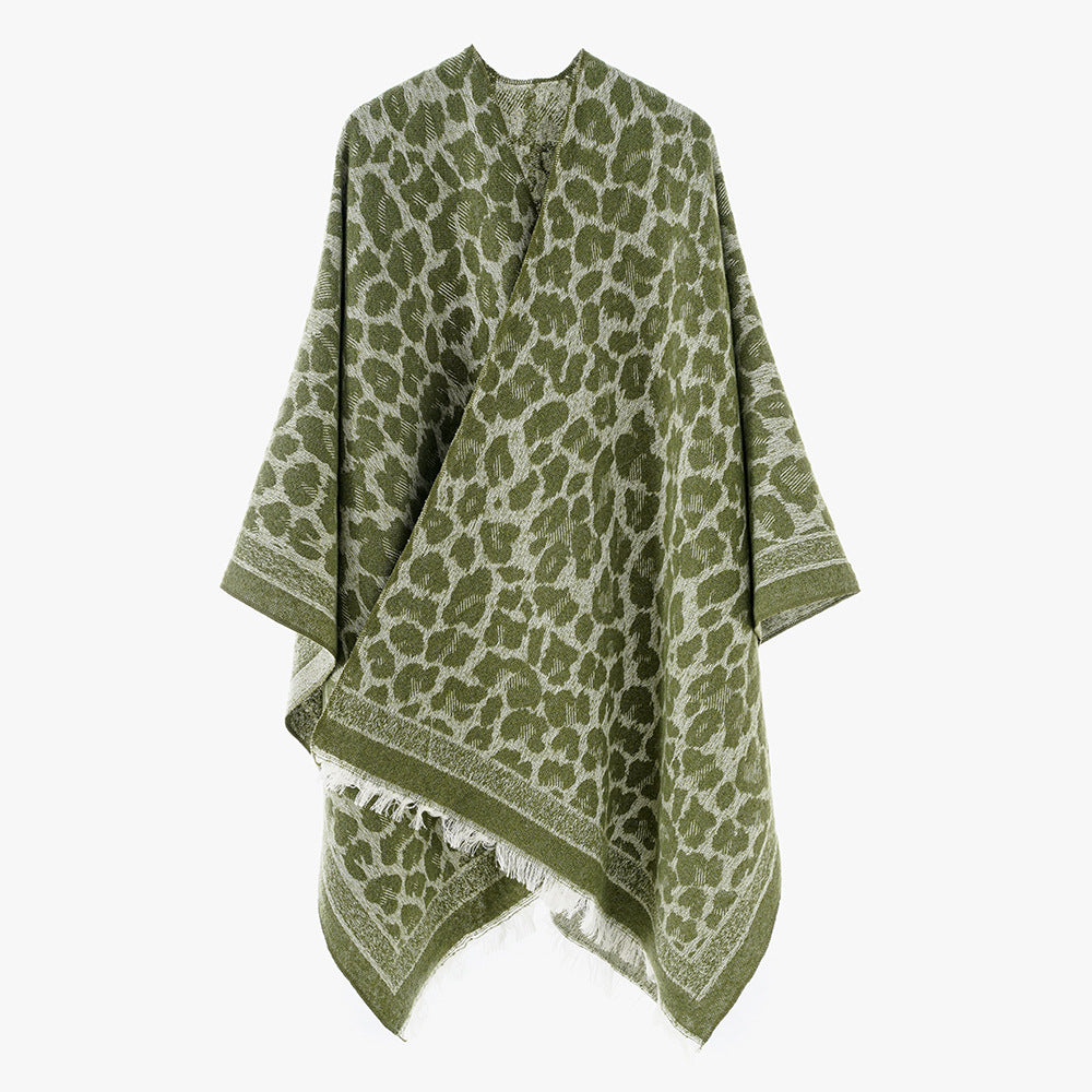 Women Jacquard Cape Poncho with Leo Structure and Fringe Hem Mune Fashion