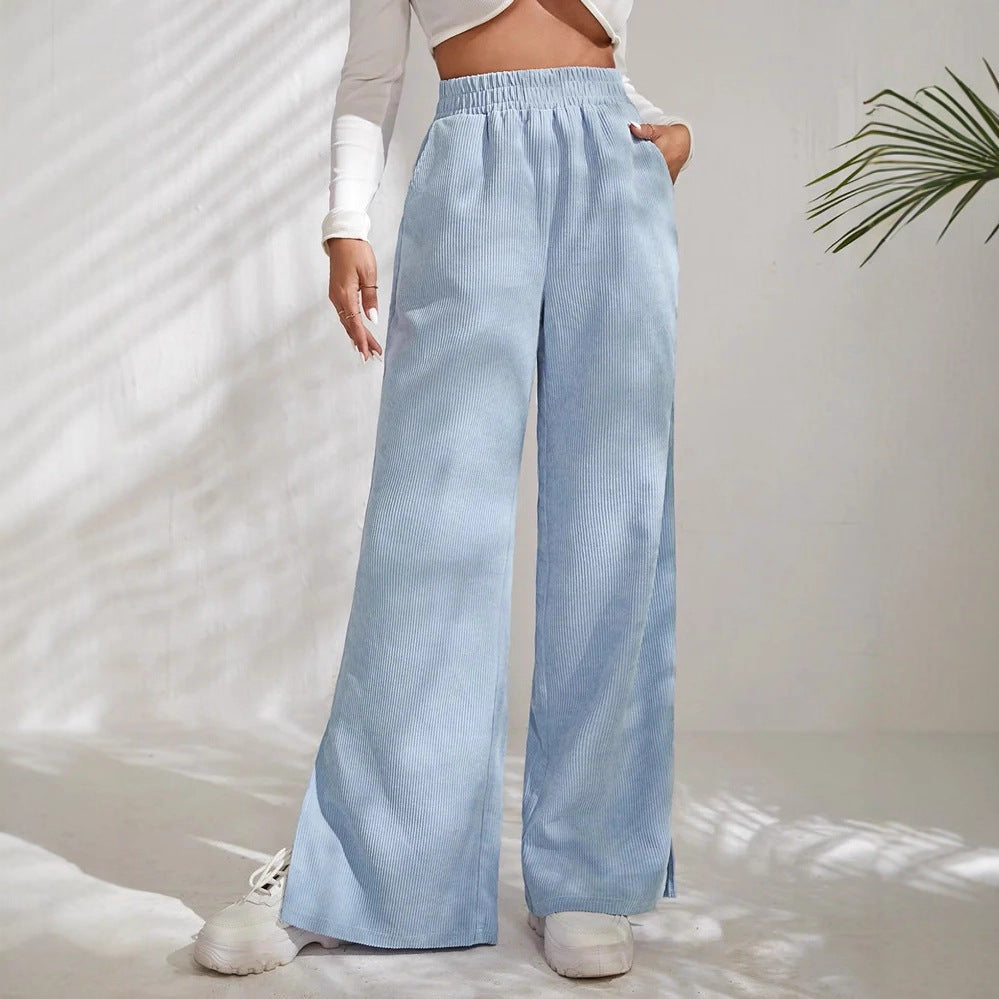 Women's Wide High-Waist Corduroy Lounge Pants with Elastic Waistband and Side Slits Drune