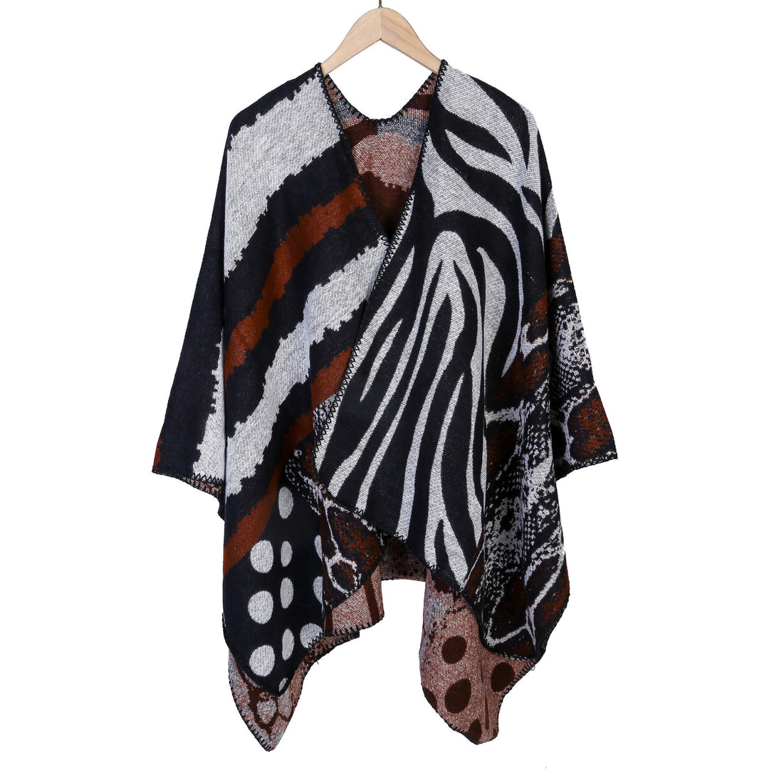 Women's Oversized Knit Cape with Abstract Animal and Graphic Pattern Mune Fashion