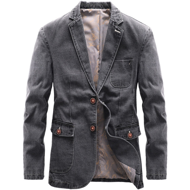 Men's Casual Jeans Blazer with Notched Lapels, Patch Pockets and Floral Patterned Lining Mune Fashion