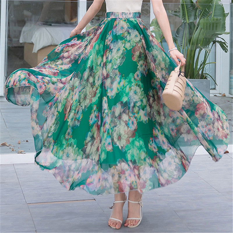 Women long pleated maxi skirt with floral summer print and elastic waistband Mune Fashion