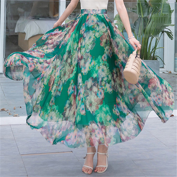 Women long pleated maxi skirt with floral summer print and elastic waistband Mune Fashion