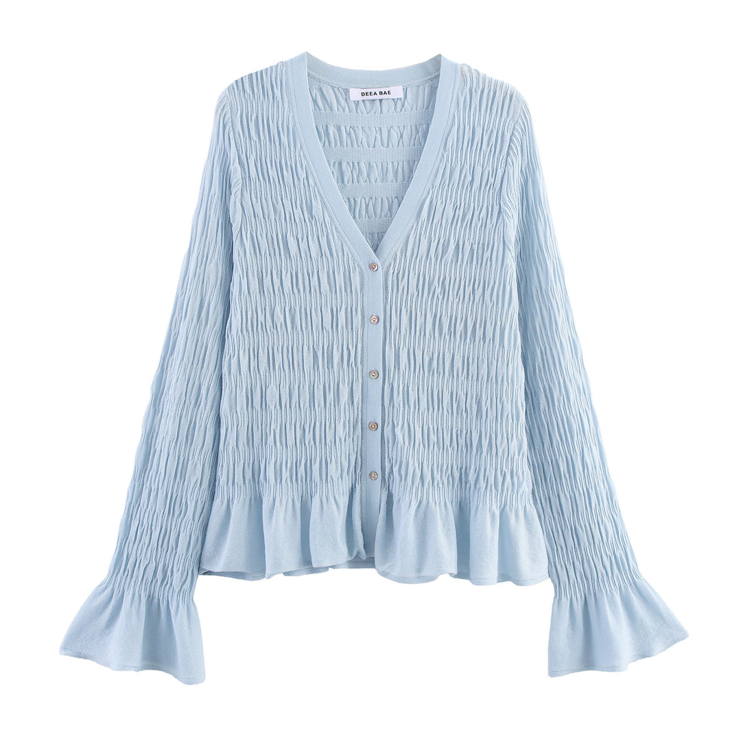 Women's gathered smock cardigan with V-neck and ruffle sleeves Mune Fashion