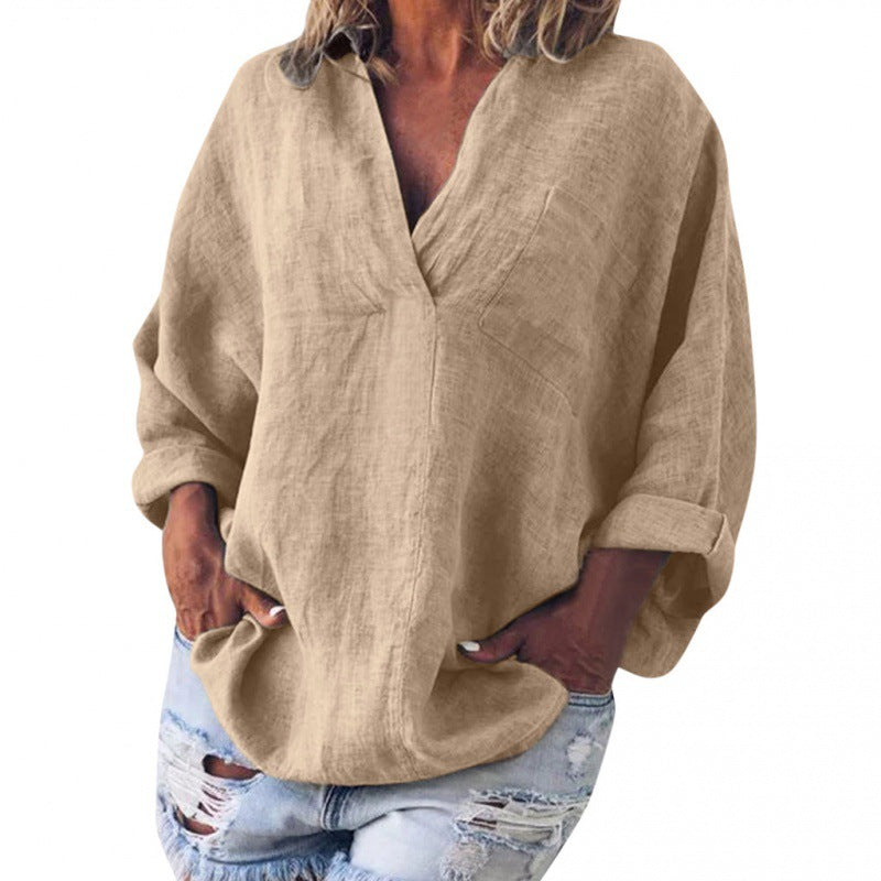 Women's Loose Linen Tunic with V-Neck and Roll-Up Sleeves Mune Fashion