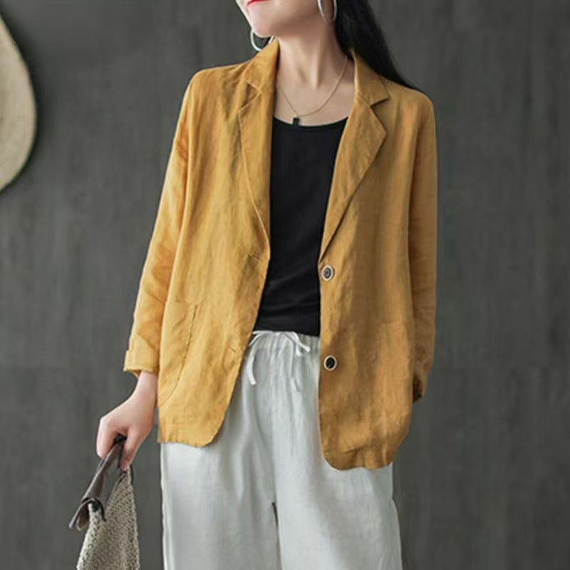 Women's linen blazer in a casual style with a loose fit and patch pockets