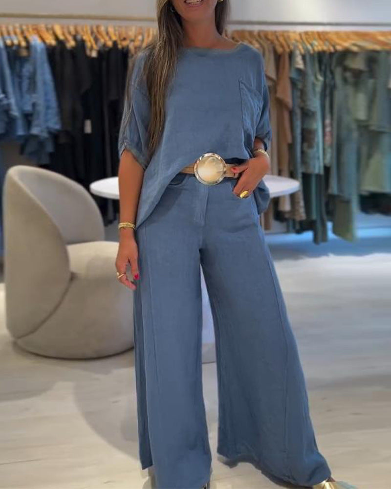 Women's Linen Blend Two-Piece Set with Boxy Oversized Shirt, Chest Pocket and Wide Palazzo Pants Mune Fashion