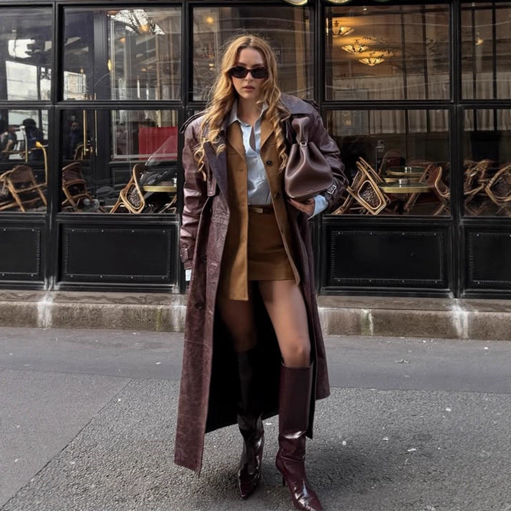 Women Long Trench Coat Made of Faux Leather with Oversized Shoulders and Tailored Silhouette Mune Fashion
