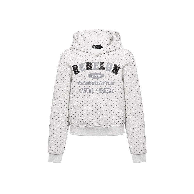 Women's hoodie with polka dot, college print, and ribbed hem Mune Fashion