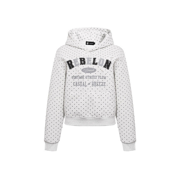 Women's hoodie with polka dot, college print, and ribbed hem Mune Fashion