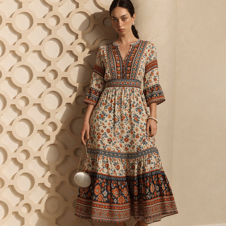 Women long Boho-maxi dress with V-neck, gathered waist and multi-layered tiered skirt Mune Fashion