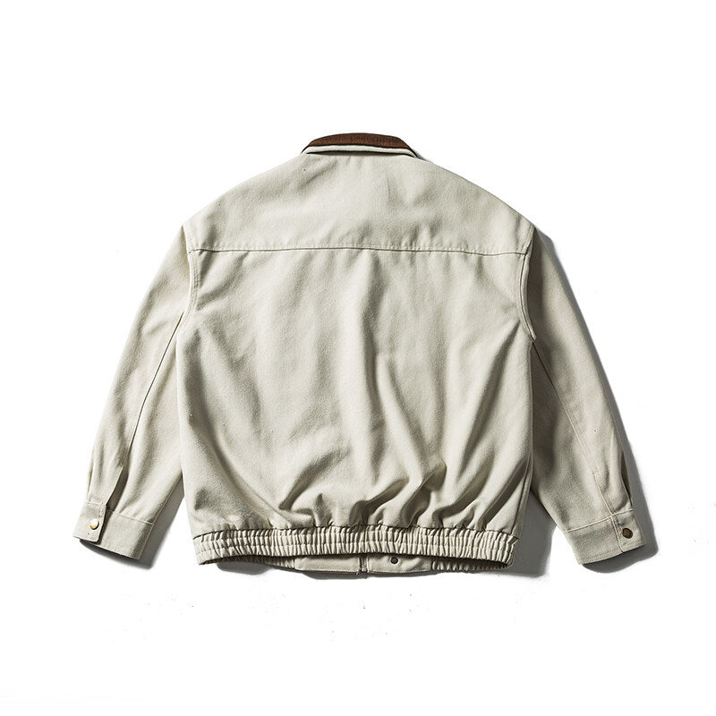 Men's Boxy Canvas Blouson Jacket with Cord Collar, Zipper Chest Pockets and Elastic Hem Mune Fashion