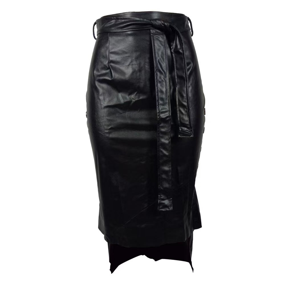 Women's high-waisted pencil skirt made of faux leather with tie belt and back slit Mune Fashion