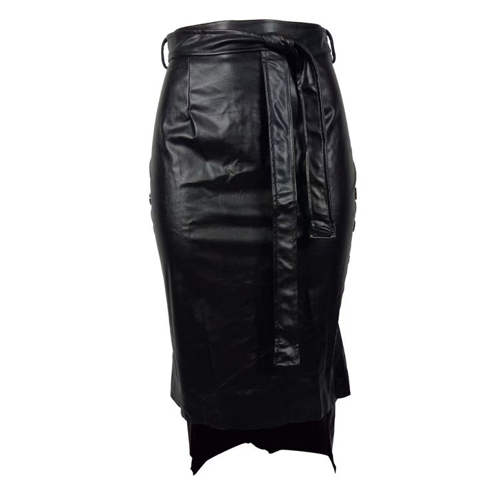 Women's high-waisted pencil skirt made of faux leather with tie belt and back slit Mune Fashion