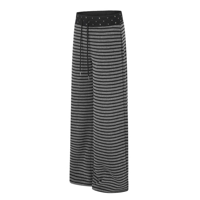 Women's Striped Palazzo Relax Pants with Studded Waistband and Drawstring Mune Fashion