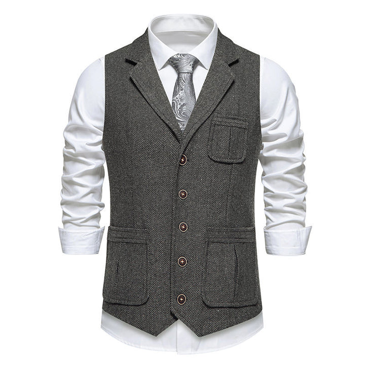 Men's Tweed Vest with Herringbone Pattern, Lapel Collar and Patch Pockets Mune Fashion