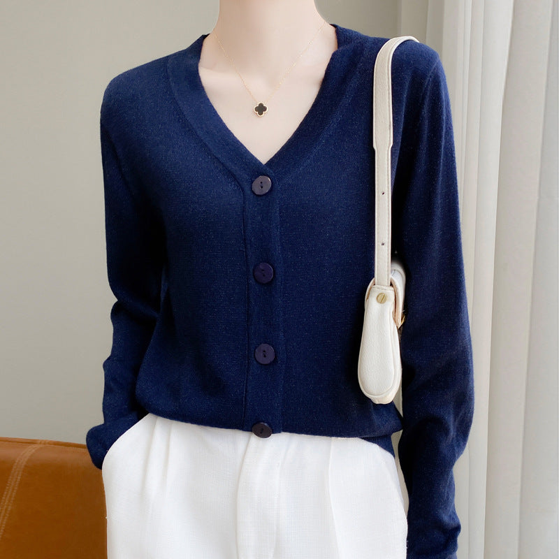 Women Light V-Neck Cardigan with Side Hem Slit and Ribbed Cuff Mune Fashion