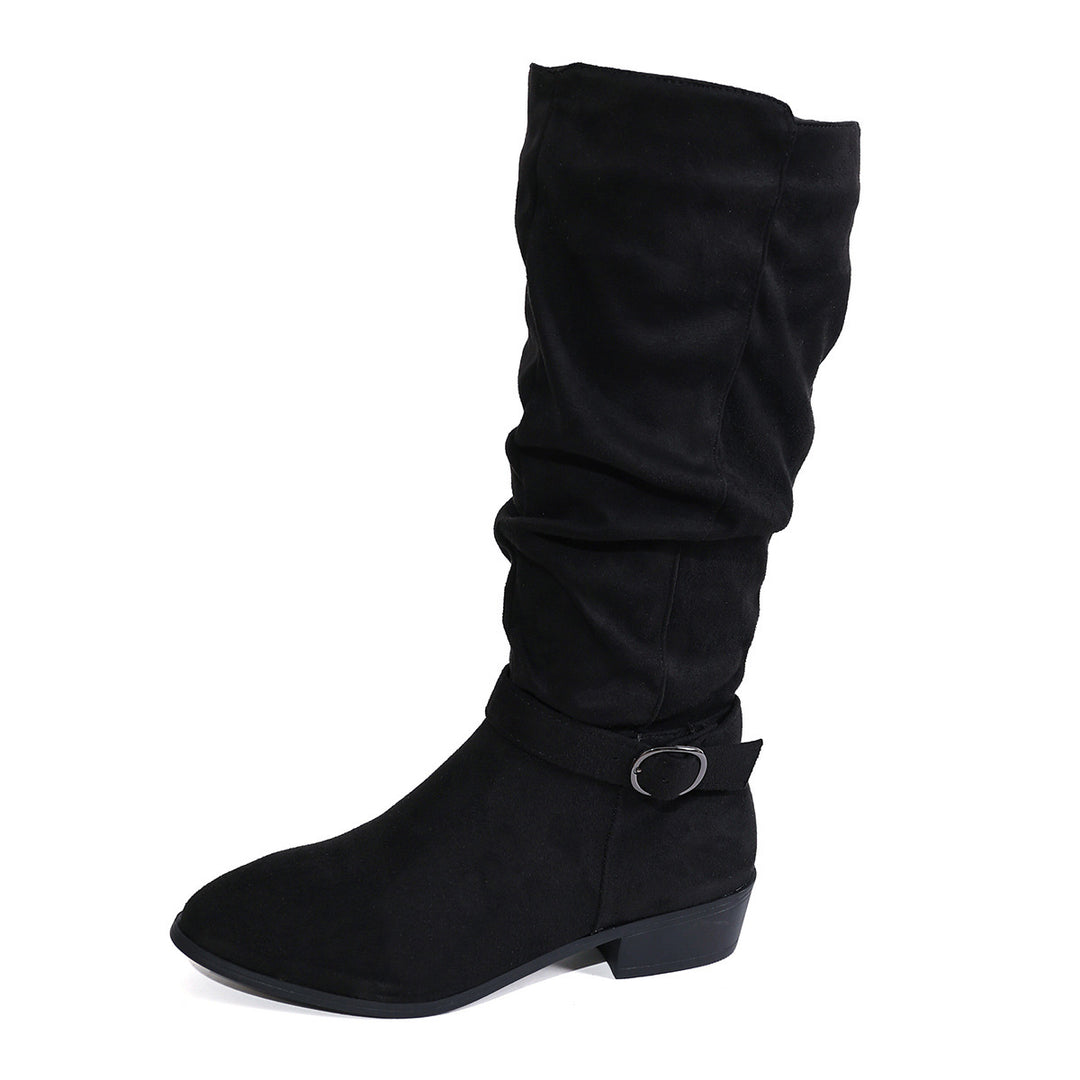 Women's knee-high slouch boots made of soft micro velvet with decorative belt and low block heel Mune Fashion