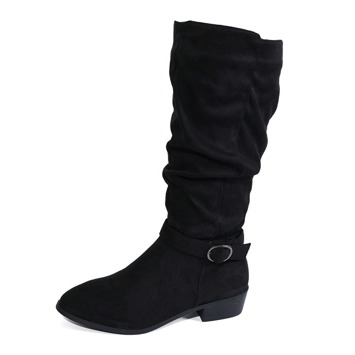 Women's knee-high slouch boots made of soft micro velvet with decorative belt and low block heel Mune Fashion