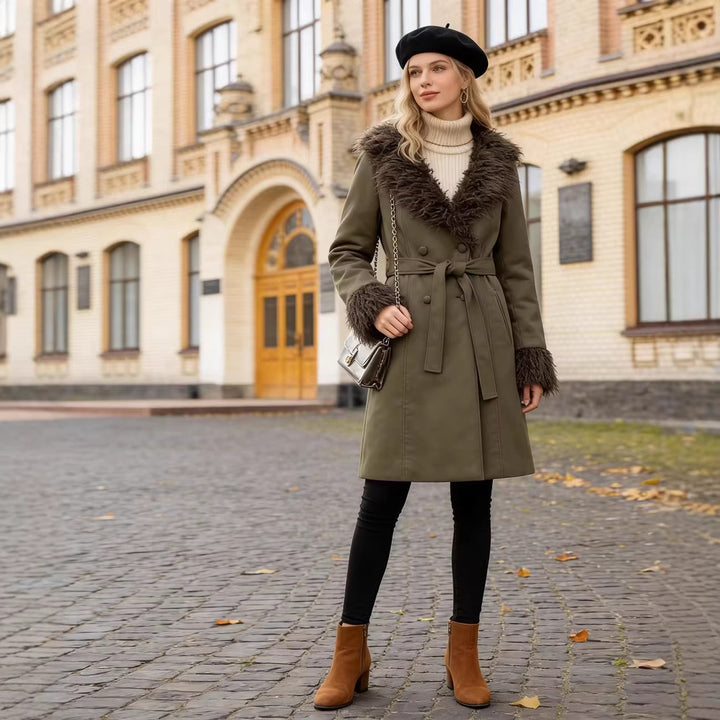 Women Long Coat in Lambskin Look with Tied Belt and Fur Collar Mune Fashion