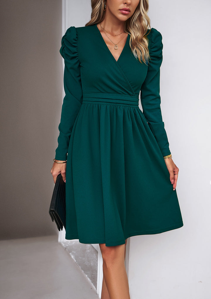 Women's wrap dress with V-neck, gathered puff sleeves, and fitted pleated skirt Drune