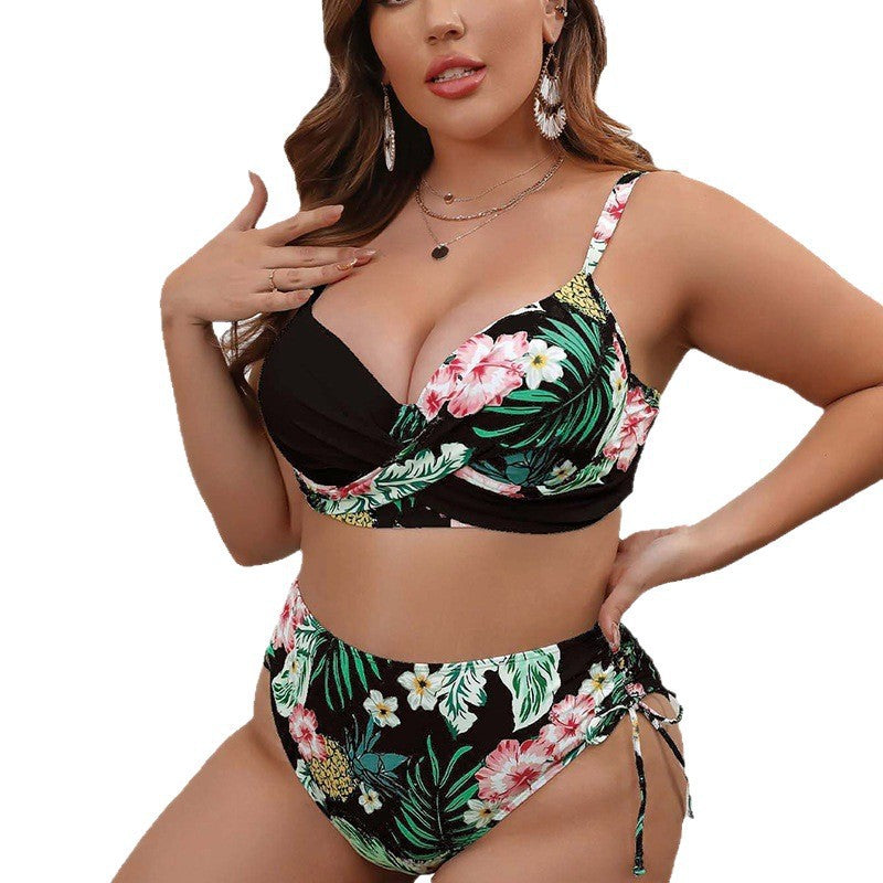 Women High-Waisted Bikini Set with Floral Wrap Top Mune Fashion