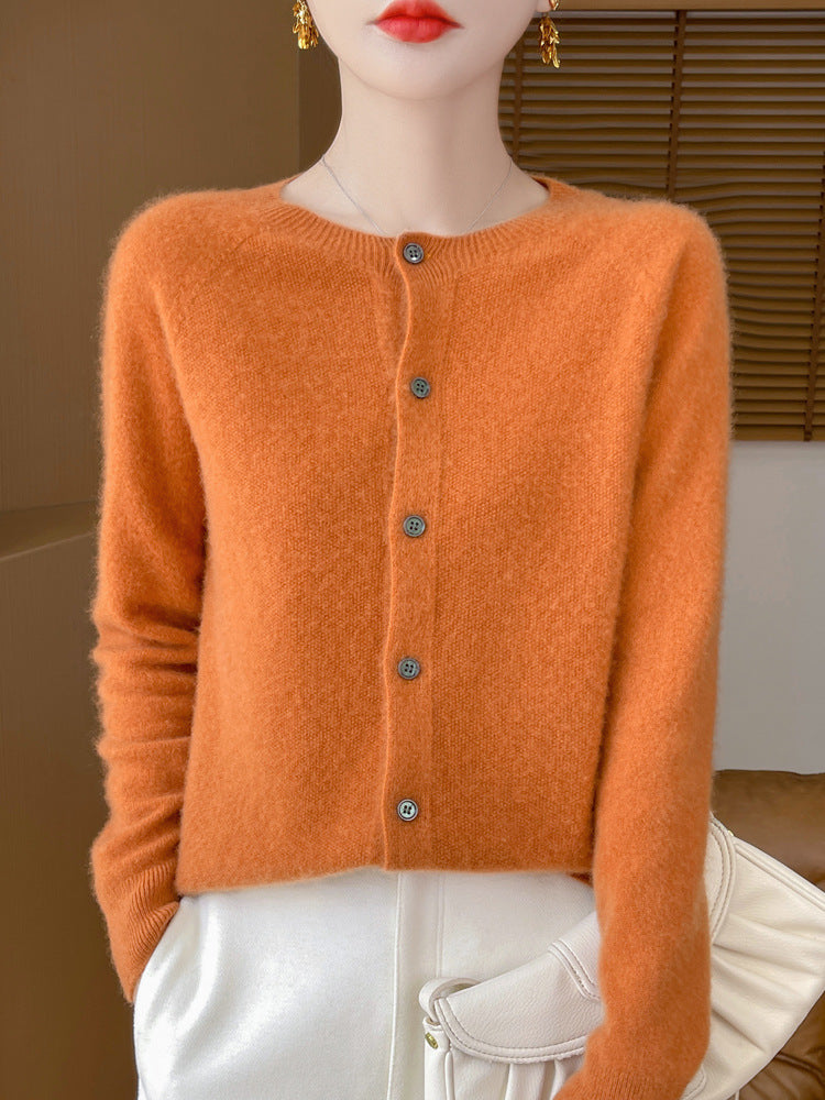 Ladies Cozy Short Cardigan made of Mohair Mix with fine virgin wool texture and mother-of-pearl button placket Mune Fashion