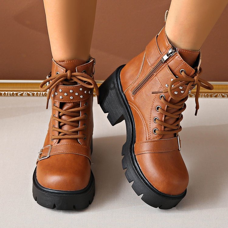 Women's rugged lace-up biker boots with decorative studded straps, side zipper, and textured platform sole Mune Fashion