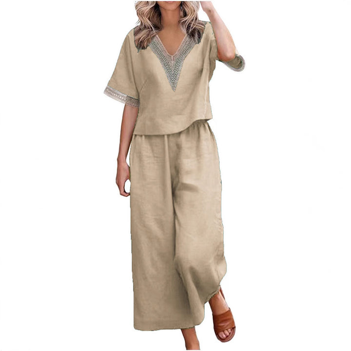 Ladies Fashionable Two-Piece Set with V-Neck and Decorative Accents Mune Fashion