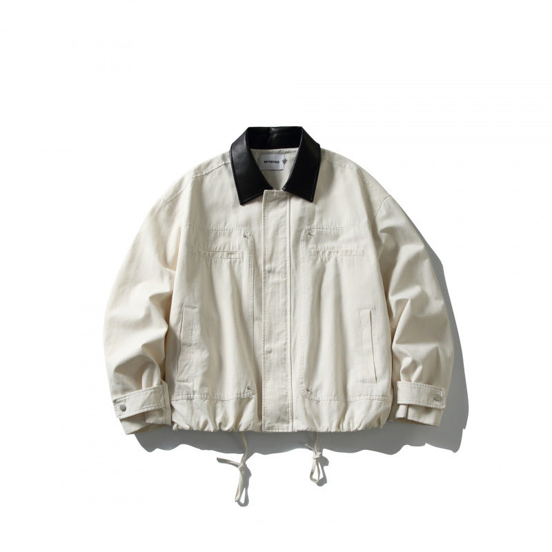 Men's Boxy Utility Jacket with Faux Leather Collar, Drawstring and Snap Cuffs Mune Fashion