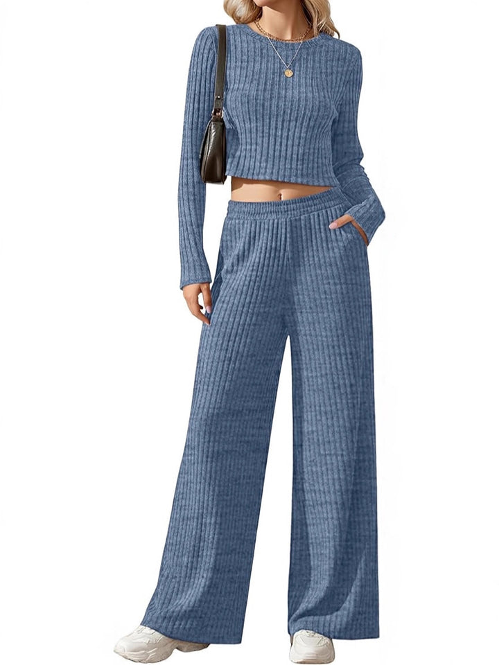 Women's Ribbed Fine Knit Lounge Set with Cropped Long Sleeve Top and High-Waisted Palazzo Pants Mune Fashion