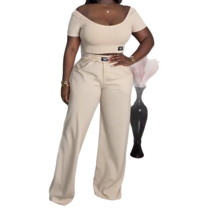 Women's off-the-shoulder ribbed crop top with wide-cut, high-waisted palazzo pants Mune Fashion