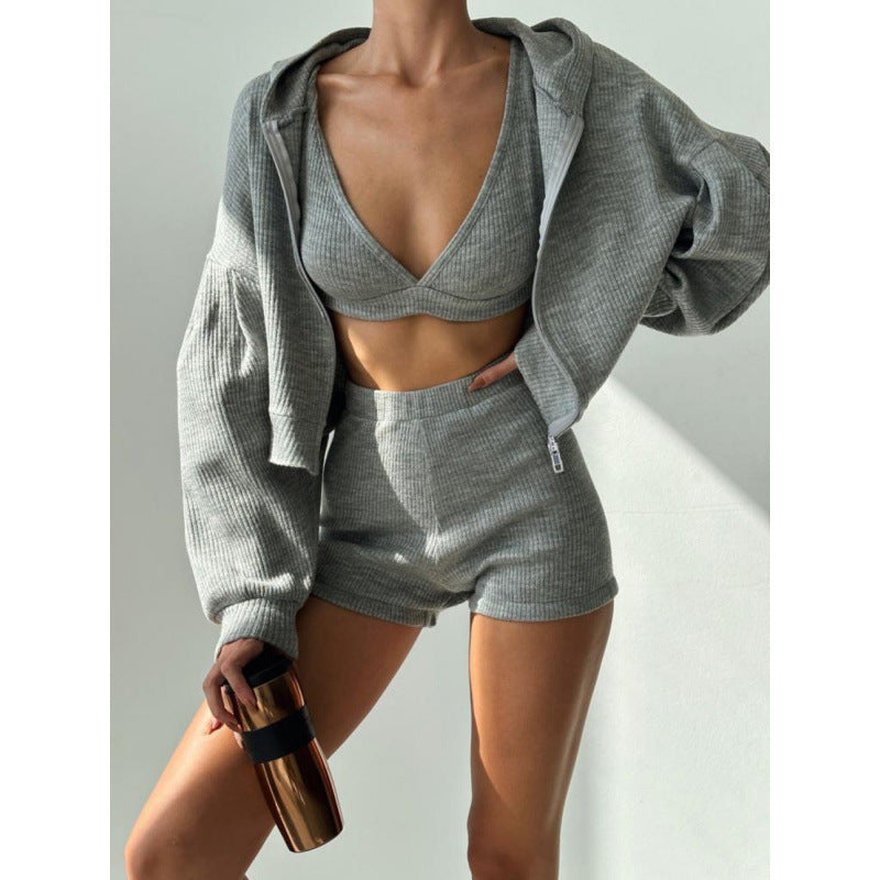 Women's short ribbed lounge set with hooded zip jacket and high-waist shorts Mune Fashion