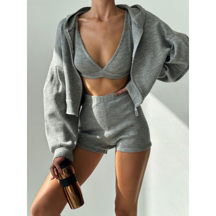 Women's short ribbed lounge set with hooded zip jacket and high-waist shorts Mune Fashion
