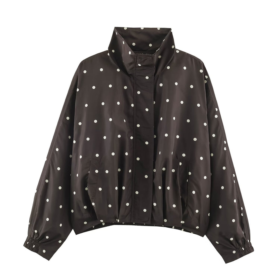 Women's Oversize Windbreaker with Dot Print, High Standing Collar and Elastic Hem Mune Fashion