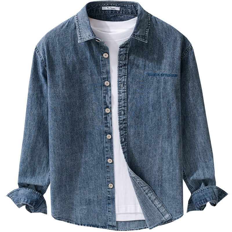 Men's relaxed denim overshirt with button placket and chest embroidery Mune Fashion