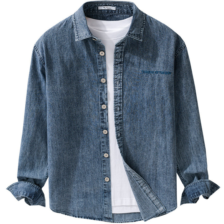 Men's relaxed denim overshirt with button placket and chest embroidery Mune Fashion