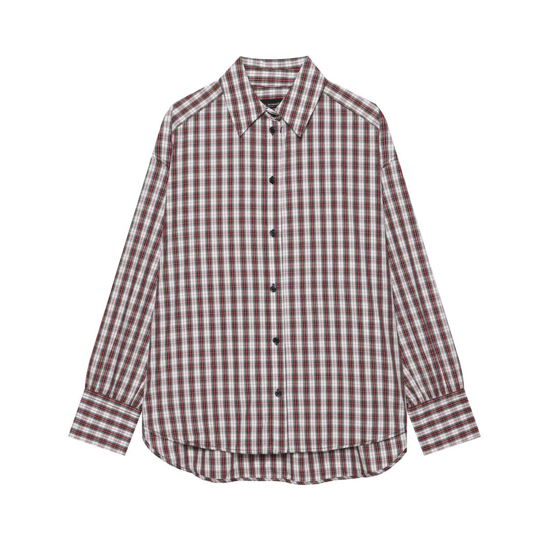 Women's Plus Size Checkered Shirt with Collar and Round Hem