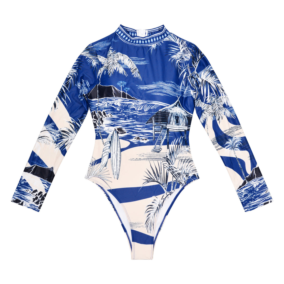 Women's Long Sleeve Swimsuit with Tropical Print Mune Fashion
